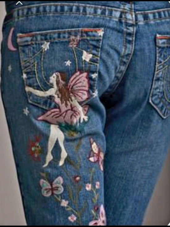 True Religion Denim - True Religion Blue Skinny Jeans with Pink Fairy Embroidery